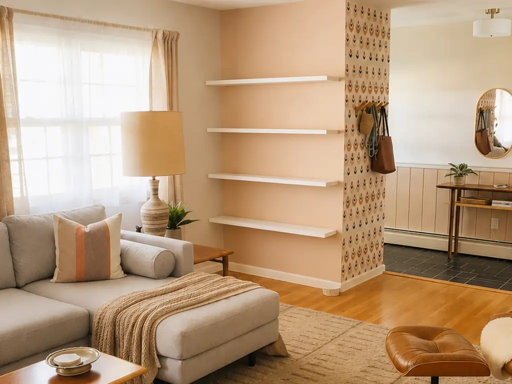 Living room wall after hanging shelves