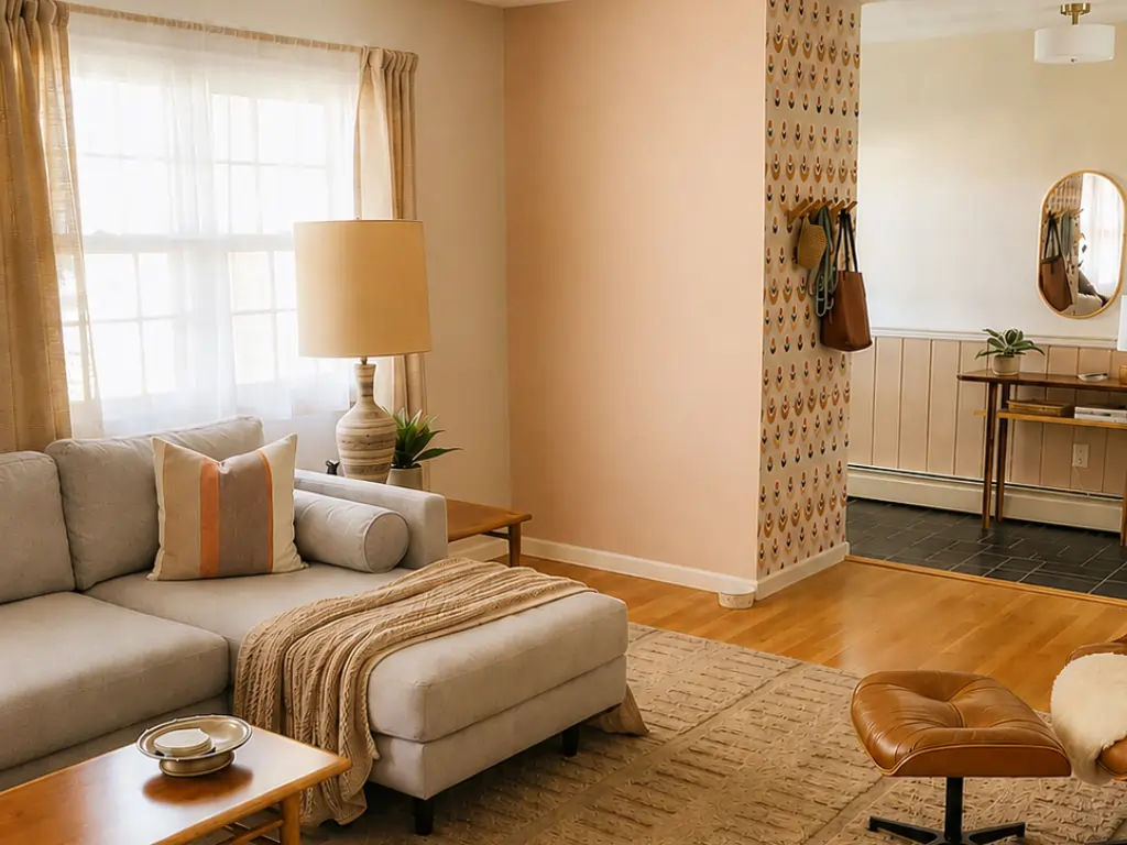Living room wall before hanging shelves